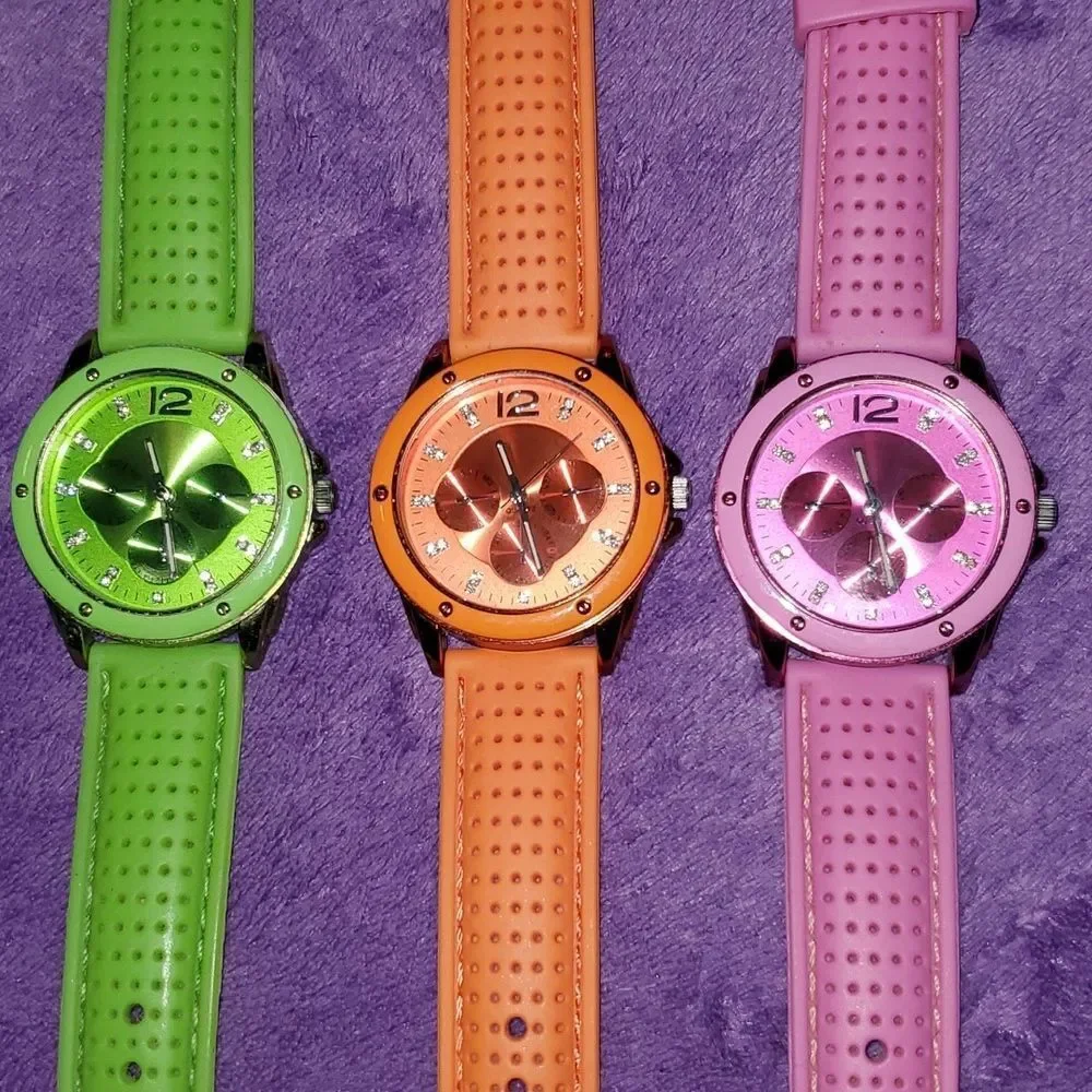 3 Matching Watches Green Pink Orange Accutime JCR1017C‎ JCR1017B JCR1017E